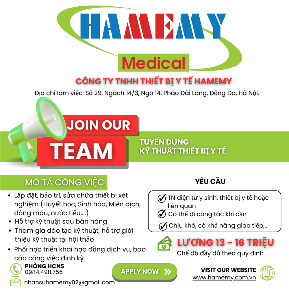 TUYỂN DỤNG NHÂN VIÊN KỸ THUẬT THIẾT BỊ XÉT NGHIỆM Y TẾ